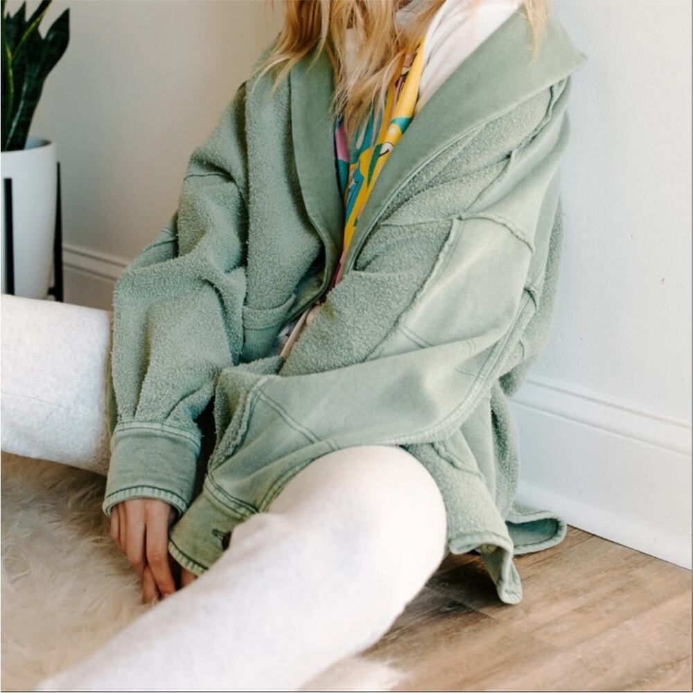 Free People Jordan Slouchy Reversed Fleece Jacket Bleached Military Green XS